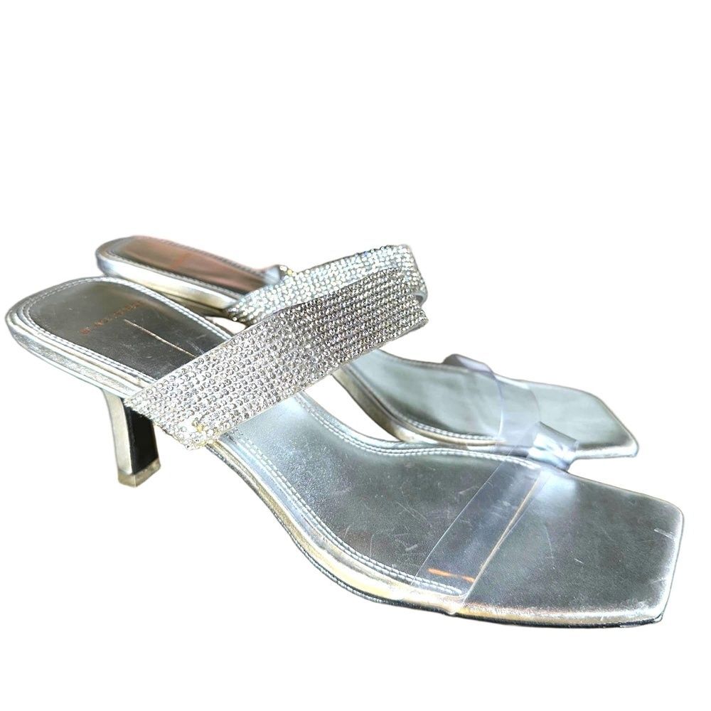 Black Suede Studio Kitten Heel Slide Sandal 38.5 Sparkly Wedding Silver Bridal